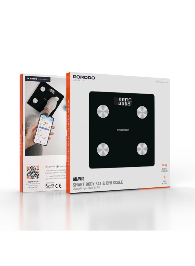 porodo Scale Gravis Smart Body Fast & BMI Scale with Bluetooth Sync & Auto On/Off / Digital Display / High precision Sensors / 180Kg Weight Capacity / 15 Body Metrics - White - Image 3